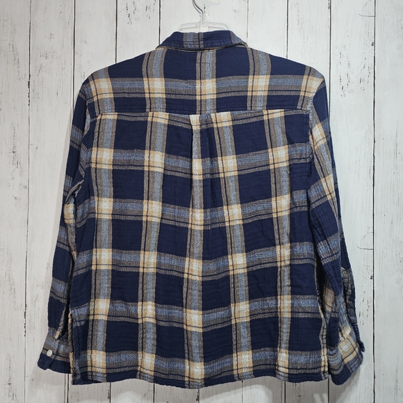 Aerie Plaid Button Down Shirt Cotton Gauze Size Medium Women’s Blue Cream Tan. - Picture 8 of 8